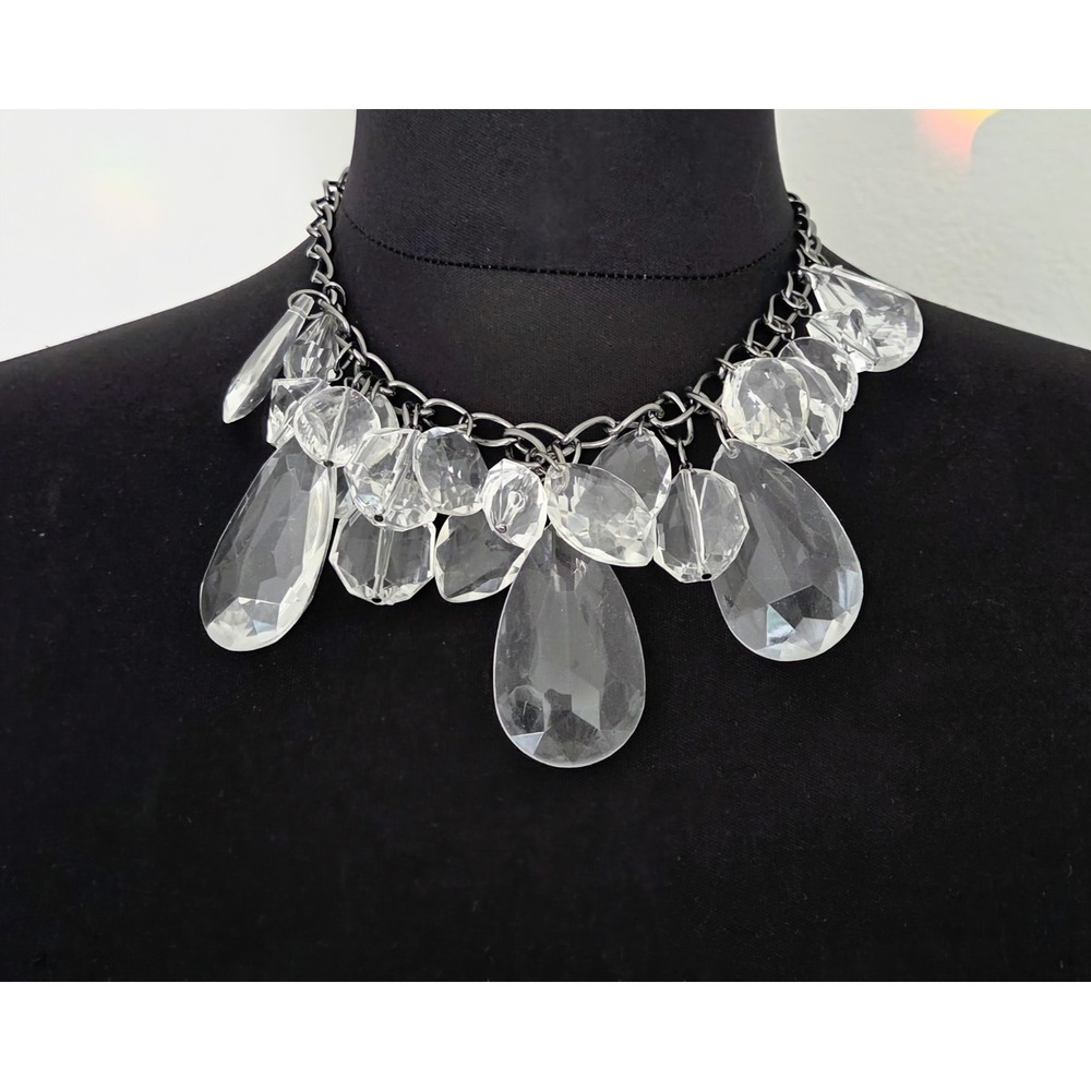 Express Chandelier Faux Dangling Clear Crystals‎ Gunmetal Tone Layered Necklace